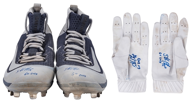 Lot of (2) Starlin Castro Game Used, Signed & Inscribed Batting Gloves & Cleats (Castro LOA)
